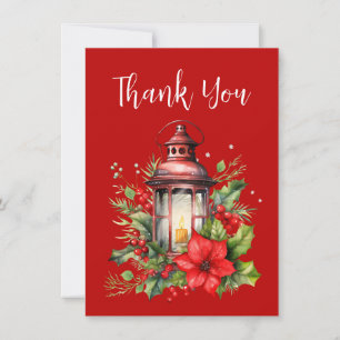 Cartão De Agradecimento Lanterna de Natal Vermelho Poinsettia e Pinheiro
