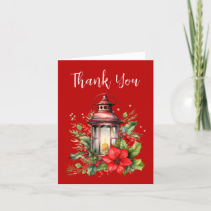 Cartão De Agradecimento Lanterna de Natal Vermelho Poinsettia e Pinheiro