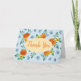 Cartão De Agradecimento Laranja Laranja Marigold Flores Azul Claro