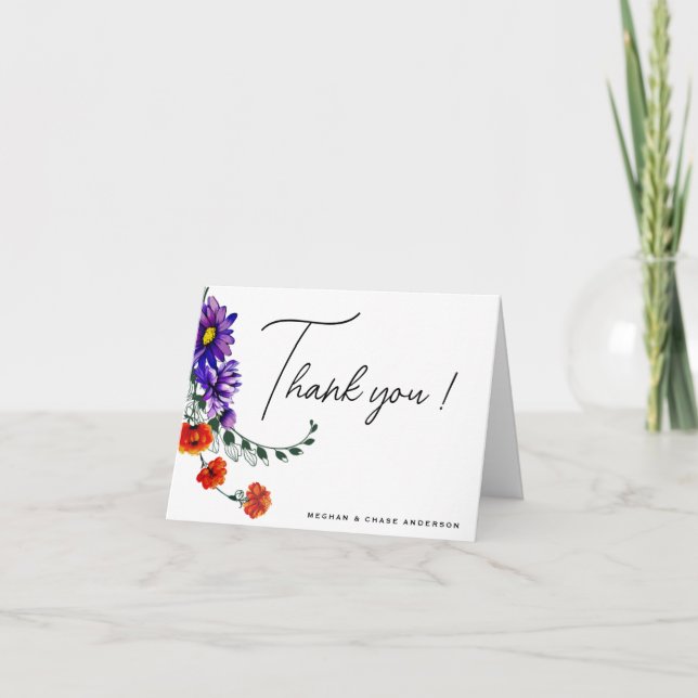 Cartão De Agradecimento Laranja Vibrante e Flores Selvagens Roxas (Frente)