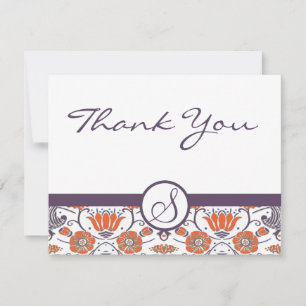 Cartão De Agradecimento Laranja Vintage e Floral Giratório Roxo Obrigado