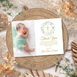 Cartão De Agradecimento Laurel Floral Baptism, Foto de Natal<br><div class="desc">Uma terra de louros decorativos,  anéis de ouro e crucifixo sentam-se acima do seu batismo especial ou obrigado batizante que você envia ao lado da sua própria foto neste design elegante. Projetado por Thisnotme©</div>