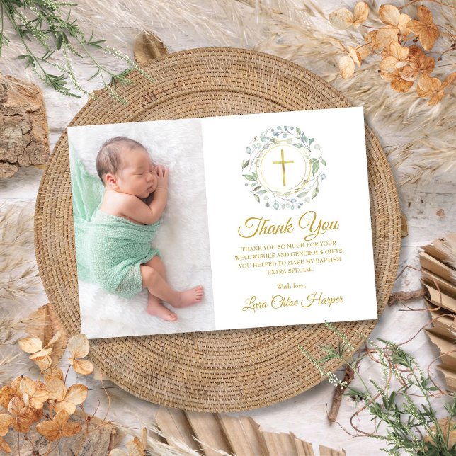 Cartão De Agradecimento Laurel Floral Baptism, Foto de Natal (Laurel Floral Baptism, Christening Photo Thank You Card)