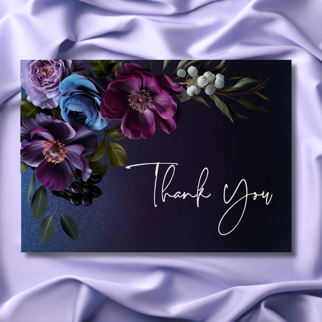 Cartão De Agradecimento Lavanda Azul Escuro Casamento Moderno Floral Moder (Dark Moody Blue Lavender Floral Modern Wedding Thank You Card)