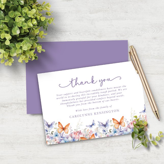 Cartão De Agradecimento Lavanda Borboleta Floral Simpatia Obrigado (Lavender Butterfly Floral Sympathy Thank You Note Card)