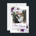 Cartão De Agradecimento Lavanda e ameixa Rosas roxas Casamento de Obrigado<br><div class="desc">Este belo casamento bócio rústico, obrigado cartões, mostra sua foto cercada por um roxo pintado à mão de ameixa e lavanda colorida junto com folhas de eucalipto e verde espalhadas por cima. A legenda diz: Amor e Obrigados, com seus nomes abaixo. Simples e elegante, este cartões de agradecimentos é a...</div>