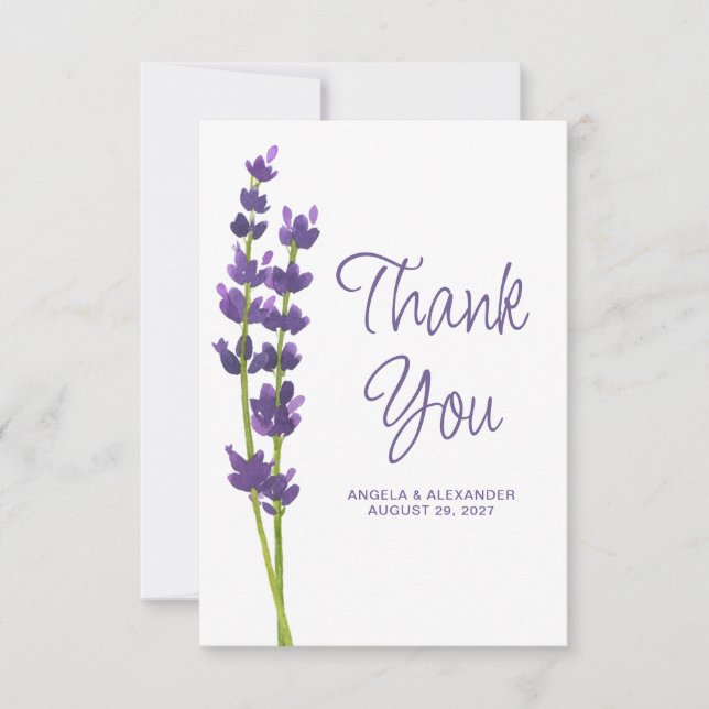 Cartão De Agradecimento Lavanda Floral Watercolor Casamento (Frente)