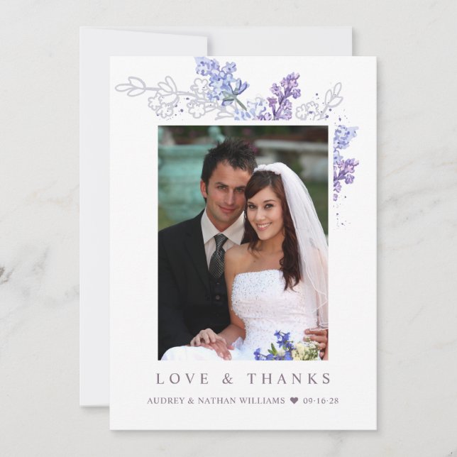 Cartão De Agradecimento Lavanda Romântica Casamento Floral Foto Obrigado (Frente)