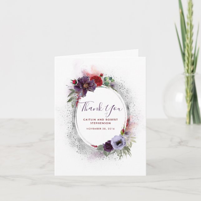 Cartão De Agradecimento Lavanda roxa e Borgonha Floral Obrigado (Frente)