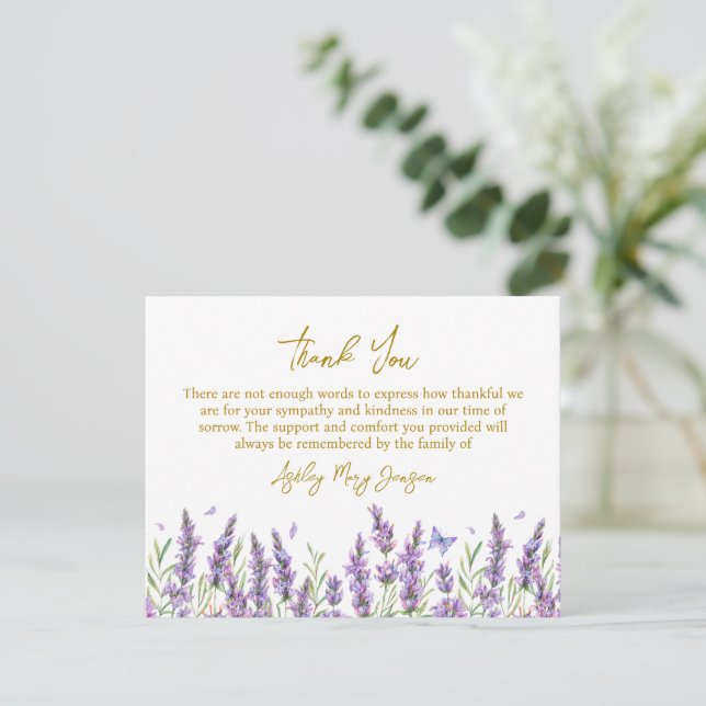 Cartão De Agradecimento Lavender Funeral Thank You Card Bereavement (Em pé/Frente)