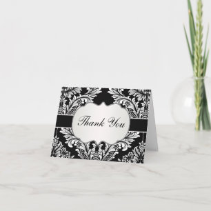 Cartão De Agradecimento Leafy Damask White sobre Casamento Negro Obrigado