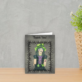 Cartão De Agradecimento Legal Gótico Garota de Chapéu Verde Tatuagens Barr