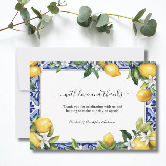 Cartão De Agradecimento Lemons Blue White Tile Mediterranean Wedding