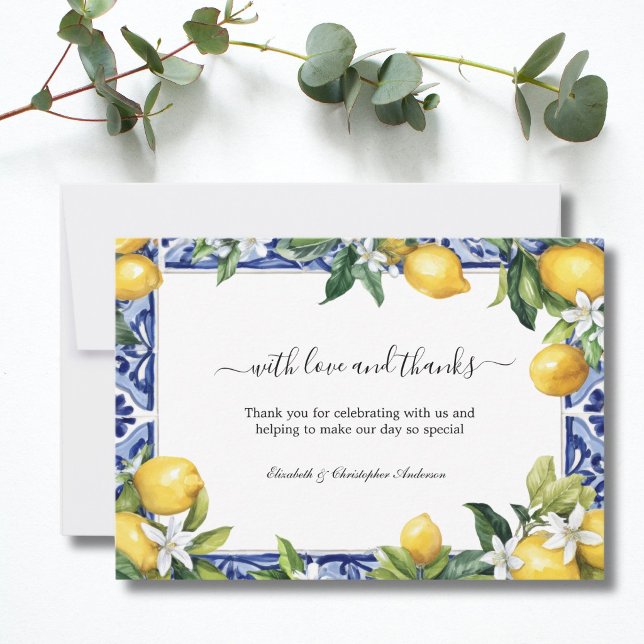 Cartão De Agradecimento Lemons Blue White Tile Mediterranean Wedding (Lemons Blue White Mediterranean tile Wedding Thank you card)