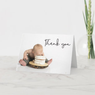 Cartão De Agradecimento Letreiro moderno à mão Foto Menino Bebê Primeiro A