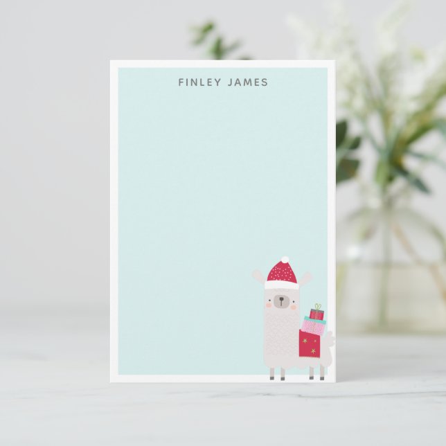 Cartão De Agradecimento Lhama de Natal Fofo Azul Pastel Nome Personalizado (Em pé/Frente)
