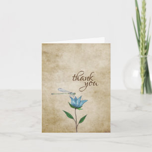 Cartão De Agradecimento Libélula e Flor Azul em Aquarela Vintage