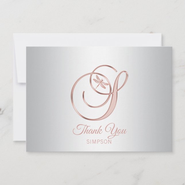 Cartão De Agradecimento Libélula Prata Cinza Rosa Dourado Obrigado | S (Frente)