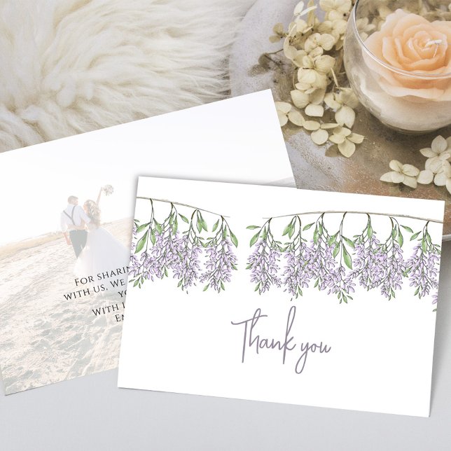 Cartão De Agradecimento Lilac Floral de Caligrafia de Casamento Minimalist (Elegant lilac and lavender wisteria floral photo thank you card template. )