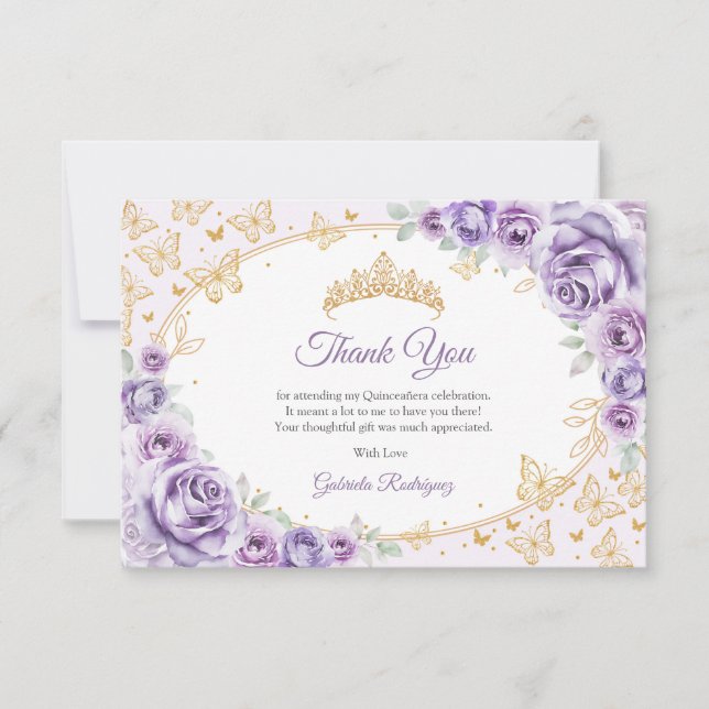 Cartão De Agradecimento Lilac Purple Gold Floral Quinceanera (Frente)