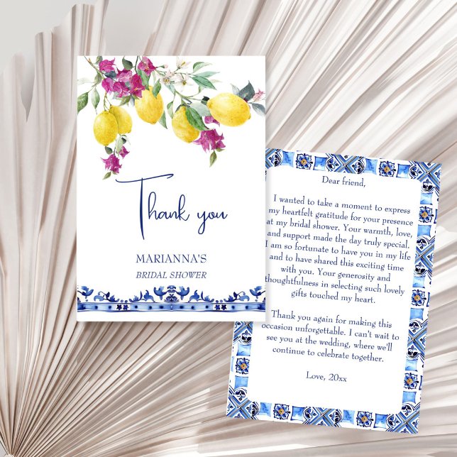 Cartão De Agradecimento limões italianos bougainvillea chuveiro de noiva c (Italian maiolica lemons bougainvillea citrus Mediterranian bridal shower wedding thank you card)