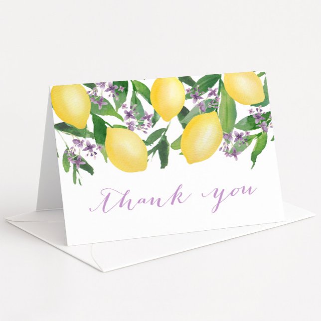 Cartão De Agradecimento Limões Lavanda Púrpura Aquarela Citrinos (Lemons with lavender blossoms bridal shower thank you card)
