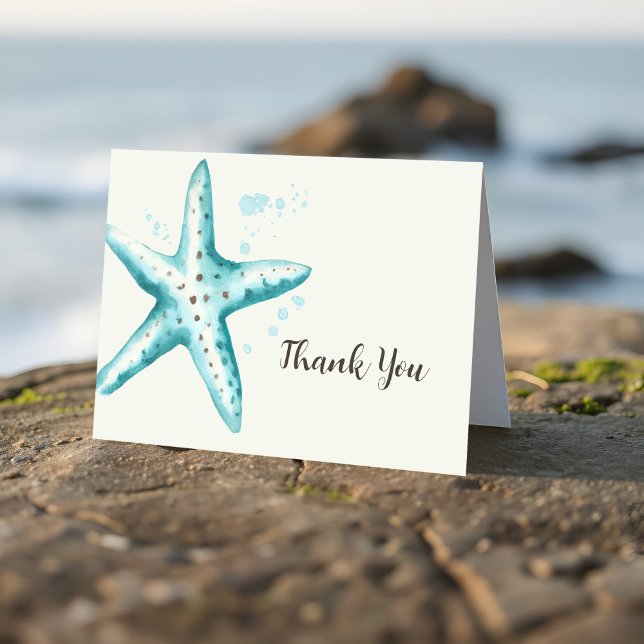 Cartão De Agradecimento Linda Estrela-do-Mar Aqua Aquarela Chá de Noiva (Aqua starfish bridal shower thank you card in coastal watercolor style. Great for seaside wedding!)