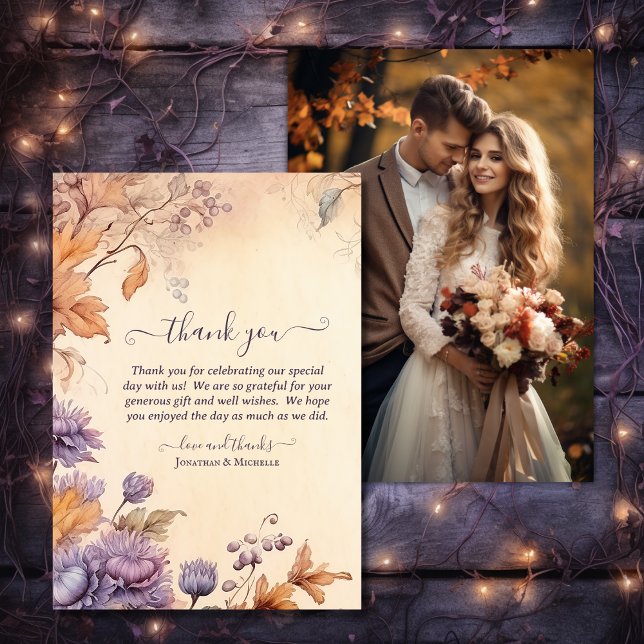 Cartão De Agradecimento Linda Foto de Casamento outono Floral de Autumn Vi (Front and Back - Beautiful Autumn Vintage Floral Fall Wedding Photo Thank You Card)