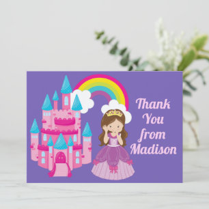 Cartão De Agradecimento Linda Princesa Roxa Castelo Menina de Aniversário