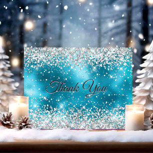 Cartão De Agradecimento Lindo brilho falso prateado turquesa