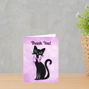 Cartão De Agradecimento Lindo Gato Preto Olhos Verdes Usando Laço Rosa