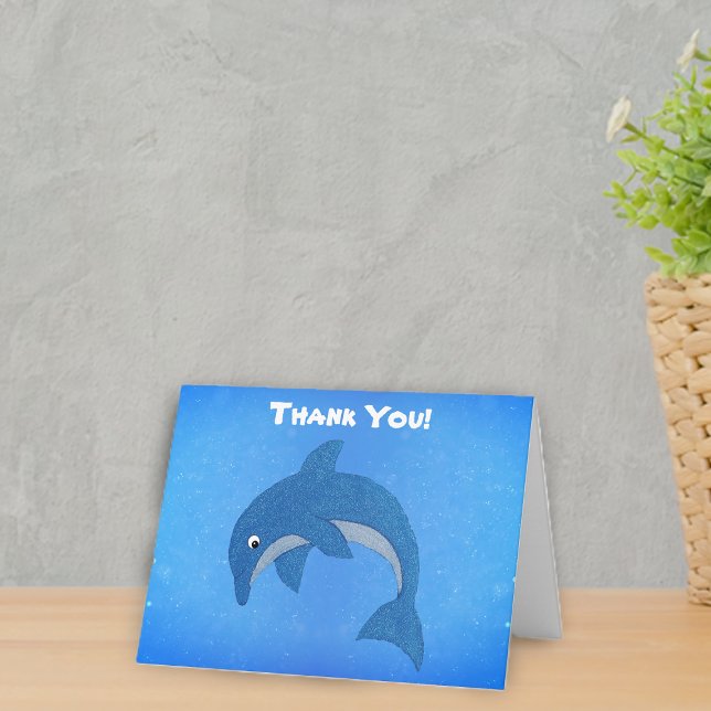 Cartão De Agradecimento Lindo Golfinho Azul de Desenho Animado Brilhante S (Glitter like jumping cute blue and white dolphin on  vibrant background of blues on Thank you card.)