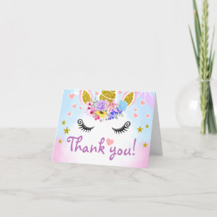 Cartão De Agradecimento Lindo Unicórnio com Purpurina Dourada e Flores