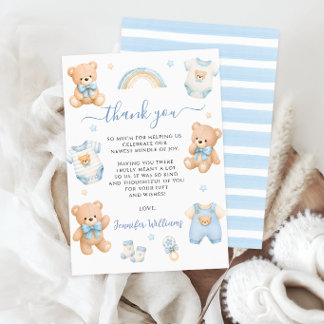 Cartão De Agradecimento Lindos Roupas Boho de Urso de Pelúcia Azul Chuveir