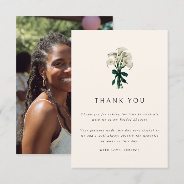 Cartão De Agradecimento Lírio Calla Branco Chuveiro de Noiva Foto Elegante (Frente/Verso)