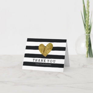 Cartão De Agradecimento Listras de Aquarela Preta Coração Dourado Obrigado