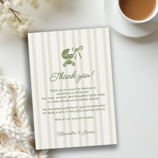 Cartão De Agradecimento Listras de Café Bebê Brunch Chás de Bebê (baby shower brunch coffee theme brewing thank you olive green bistro hand drawn paris bistro)