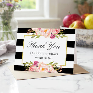 Cartão De Agradecimento Listras Pretas e Brancas Modernas Elegante Floral