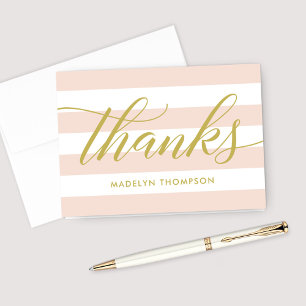 Cartão De Agradecimento Listras Rosa Bege Script Dourado Elegante