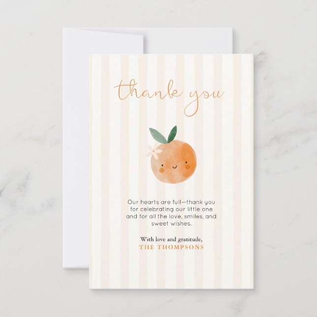 Cartão De Agradecimento Little Cutie Orange Citrus Baby Shower (Frente)