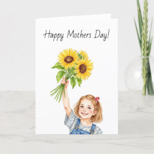 Cartão De Agradecimento Little Girl Sunflower Watercolor