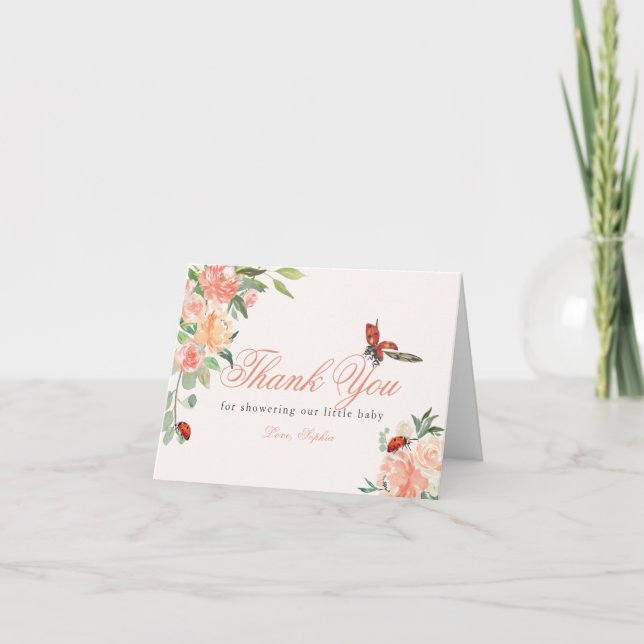 Cartão De Agradecimento Little Lady Ladybug Roses Pink Baby Shower (Frente)
