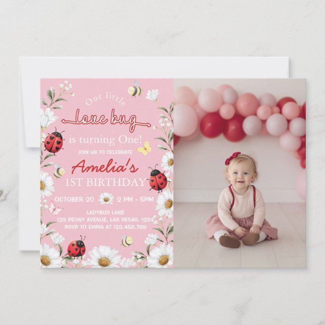 Cartão De Agradecimento Little Love Bug Daisy Floral Birthday Photo Invite (Frente)