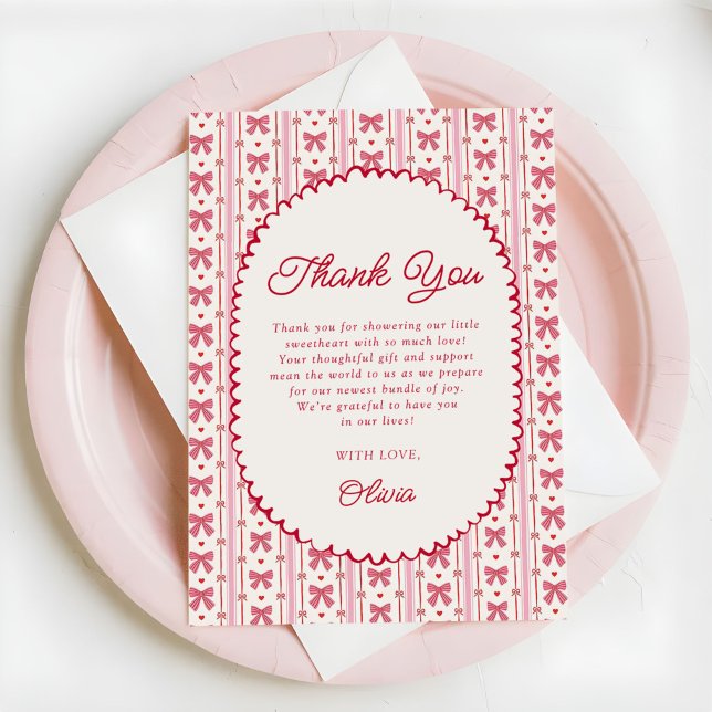 Cartão De Agradecimento Little Sweetheart Pink Red Bow Baby Shower (Criador carregado)