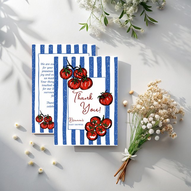 Cartão De Agradecimento Little tomato blue stripes Italian baby shower (Little tomato blue stripes Italian  farmers market baby shower Thank You Cards)