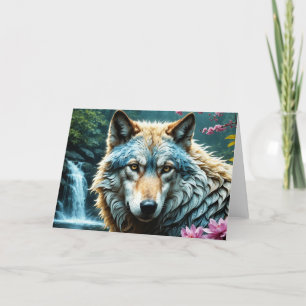 Cartão De Agradecimento Lobo no rio com flores