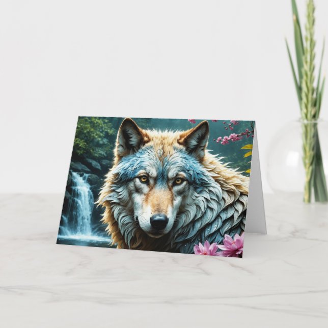 Cartão De Agradecimento Lobo no rio com flores (Frente)