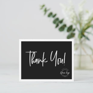 Cartão De Agradecimento Logotipo simples da empresa branca negra Obrigado 