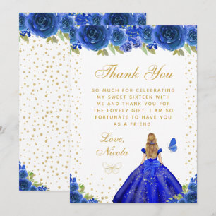 Cartão De Agradecimento Loira Floral Azul Cabelos Princesa Doze Anos