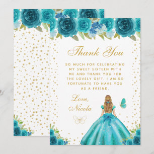 Cartão De Agradecimento Loira Floral Turquesa Princesa Sweet Sixteen
